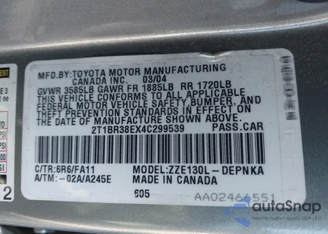 2004 Toyota Corolla Le из США, поврежденный, VIN 2T1BR38EX4C299539